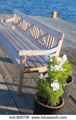 Finland, Aland Island, Silversk? r Wood seat and flowers at small dock View Large Photo Image Stock Photo - Finland, Aland Island, Silversk? r Wood seat and flowers at small dock. Fotosearch