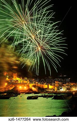 Picture - Fireworks over the bay, Tossa de Mar, Costa Brava, Catalonia, Spain, Europe. Fotosearch