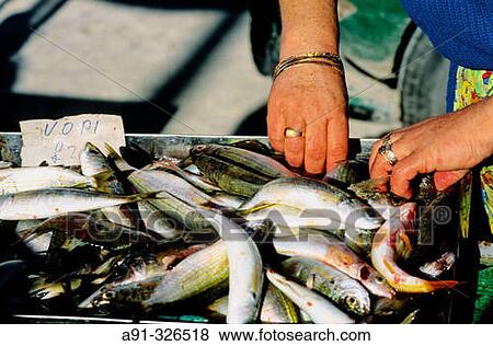 Stock Photo - Fish stall, Sunday market. Marsaxlokk. Malta.. Fotosearch