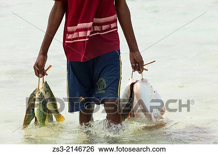 Fisherman turning back from the catch with different types of fish attached to his fishing line, Nungwi beach, Zanzibar Island, Tanzania, East Africa. View Large Photo Image Stock Photograph - Fisherman turning back from the catch with different types of fish attached to his fishing line, Nungwi beach, Zanzibar Island, Tanzania, East Africa.. Fotosearch