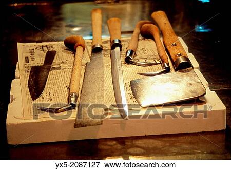 Fishmonger's tools at Tsukiji fish market in Tokyo. View Large Photo Image Stock Photo - Fishmonger's tools at Tsukiji fish market in Tokyo.. Fotosearch