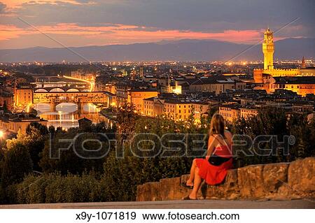 Florence, Tuscany, Italy Classic view of the Ponte Vecchio and the River Arno from the Piazzale Michelangelo Summer evening View Large Photo Image Stock Photo - Florence, Tuscany, Italy Classic view of the Ponte Vecchio and the River Arno from the Piazzale Michelangelo Summer evening. Fotosearch