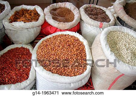 Stock Image - Florida, Homestead, US Route 1, Redlands Farmers Market, shopping, produce, for sale, display, bags, sacks, beans,.. Fotosearch
