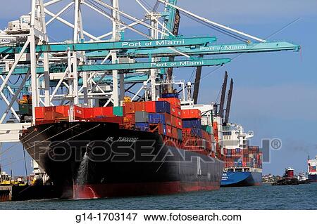 Florida, Miami Beach, Biscayne Bay, Port of Miami, cargo container ship, cranes, View Large Photo Image Stock Photo - Florida, Miami Beach, Biscayne Bay, Port of Miami, cargo container ship, cranes,. Fotosearch