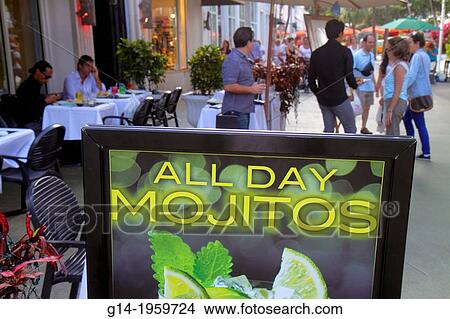 Florida, Miami Beach, Lincoln Road, pedestrian mall, shopping, restaurant, alfresco, dining, sign, mojitos, drinks,. View Large Photo Image Picture - Florida, Miami Beach, Lincoln Road, pedestrian mall, shopping, restaurant, alfresco, dining, sign, mojitos, drinks,.. Fotosearch