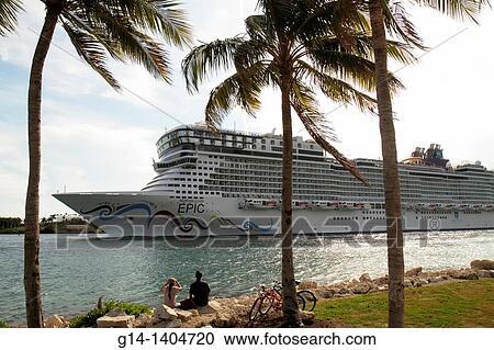 Florida, Miami Beach, South Pointe Park, Government Cut, Port of Miami, departing cruise ship, Norwegian Epic, NCL, couple watching, bicycles, View Large Photo Image Stock Image - Florida, Miami Beach, South Pointe Park, Government Cut, Port of Miami, departing cruise ship, Norwegian Epic, NCL, couple watching, bicycles,. Fotosearch