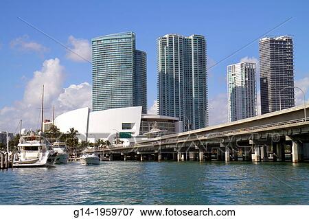 Florida, Miami, Biscayne Bay, Biscayne Boulevard, skyline, water, skyscrapers, high rise, condominium, buildings, American Airlines Arena, Port of Miami Bridge,. View Large Photo Image Stock Photo - Florida, Miami, Biscayne Bay, Biscayne Boulevard, skyline, water, skyscrapers, high rise, condominium, buildings, American Airlines Arena, Port of Miami Bridge,.. Fotosearch