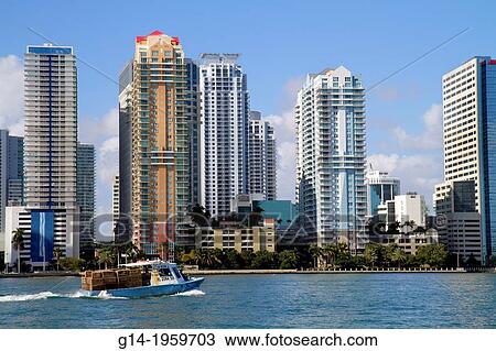 Florida, Miami, Biscayne Bay, city skyline, Brickell Avenue, water, skyscrapers, high rise, condominium, residential, buildings, boat, commercial, crab, crabbing, traps,. View Large Photo Image Stock Image - Florida, Miami, Biscayne Bay, city skyline, Brickell Avenue, water, skyscrapers, high rise, condominium, residential, buildings, boat, commercial, crab, crabbing, traps,.. Fotosearch