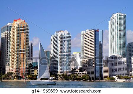 Florida, Miami, Biscayne Bay, city skyline, Brickell Avenue, water, skyscrapers, high rise, condominium, office, buildings, sailboat,. View Large Photo Image Stock Photo - Florida, Miami, Biscayne Bay, city skyline, Brickell Avenue, water, skyscrapers, high rise, condominium, office, buildings, sailboat,.. Fotosearch