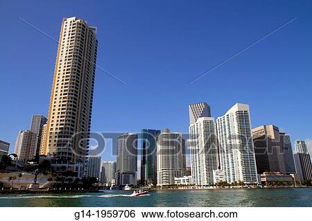 Florida, Miami, Biscayne Bay, city skyline, downtown, water, skyscrapers, high rise, condominium, office, buildings, Southeast Financial Center, centre, Miami River, mouth,. View Large Photo Image Stock Photograph - Florida, Miami, Biscayne Bay, city skyline, downtown, water, skyscrapers, high rise, condominium, office, buildings, Southeast Financial Center, centre, Miami River, mouth,.. Fotosearch