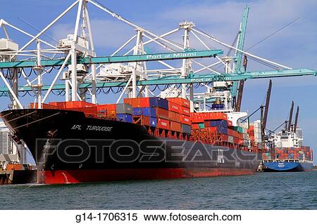 Florida, Miami, Biscayne Bay, Dodge Island, Port of Miami, cargo container ship, cranes, View Large Photo Image Stock Photography - Florida, Miami, Biscayne Bay, Dodge Island, Port of Miami, cargo container ship, cranes,. Fotosearch