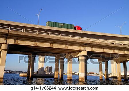 Florida, Miami, Biscayne Bay, Port of Miami Bridge, cargo container tractor trailer truck, lorrie, View Large Photo Image Picture - Florida, Miami, Biscayne Bay, Port of Miami Bridge, cargo container tractor trailer truck, lorrie,. Fotosearch