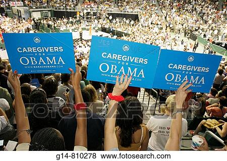 Florida, Miami, Coral Gables, University of Miami, BankUnited Center, Democratic candidate Barak Obama, rally, presidential election, campaign, sign, caregivers, healthcare workers, audience, supporters, View Large Photo Image Stock Photo - Florida, Miami, Coral Gables, University of Miami, BankUnited Center, Democratic candidate Barak Obama, rally, presidential election, campaign, sign, caregivers, healthcare workers, audience, supporters,. Fotosearch