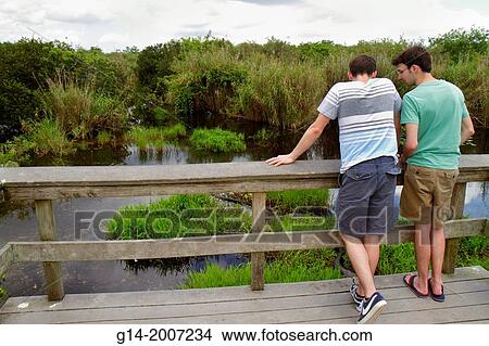 Picture - Florida, Miami, Florida City, Everglades National Park, Main Park Road, Royal Palm Visitors Center, centre, Anhinga Trail, man, friends, looking,.. Fotosearch