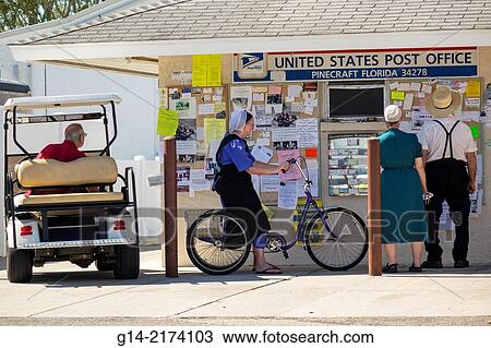 Florida, Sarasota, Pine Craft, Amish, Mennonite, community, winter retreat, traditional, conservative, clothing, religious, Bahia Vista Street, post office, Amish, woman, man, electric golf cart, tricycle, bicycle, bulletin board, community news, notices View Large Photo Image Stock Image - Florida, Sarasota, Pine Craft, Amish, Mennonite, community, winter retreat, traditional, conservative, clothing, religious, Bahia Vista Street, post office, Amish, woman, man, electric golf cart, tricycle, bicycle, bulletin board, community news, notices. Fotosearch
