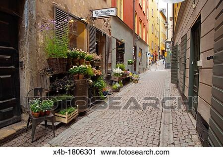 Stock Image - Flower shop Gamla Stan the old town Stockholm Sweden Europe. Fotosearch