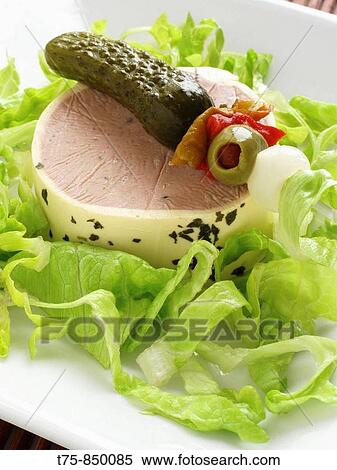 Foie gras with salad and pickles View Large Photo Image Stock Photography - Foie gras with salad and pickles. Fotosearch