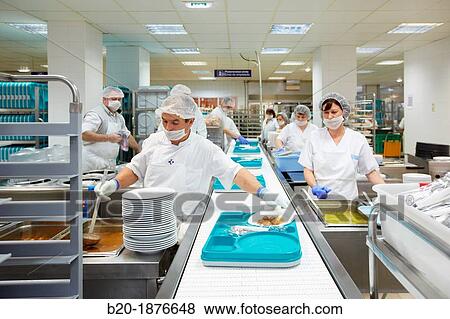 Stock Photo - Food serving line, Hospital meal preparation, Kitchen, Hospital Donostia, San Sebastian, Gipuzkoa, Basque Country, Spain. Fotosearch