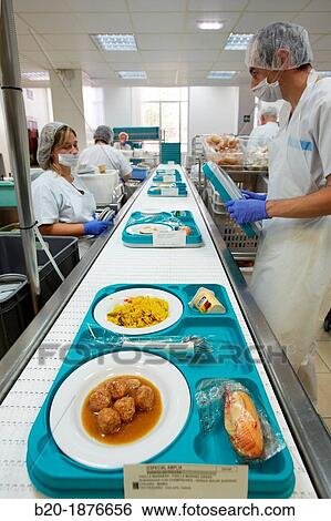 Stock Photograph - Food serving line, Hospital meal preparation, Kitchen, Hospital Donostia, San Sebastian, Gipuzkoa, Basque Country, Spain. Fotosearch