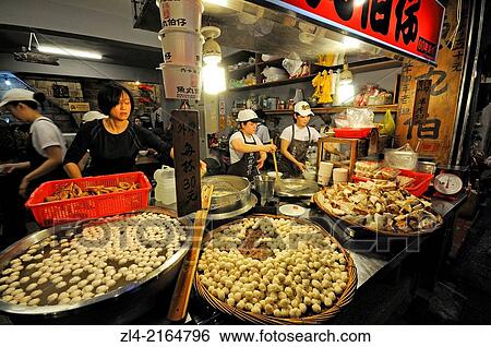 Stock Photograph - Food shop and restaurant in the main street. Taiwan (China), New Taipei City, Ruifang, Jiufen (Chiufen).. Fotosearch