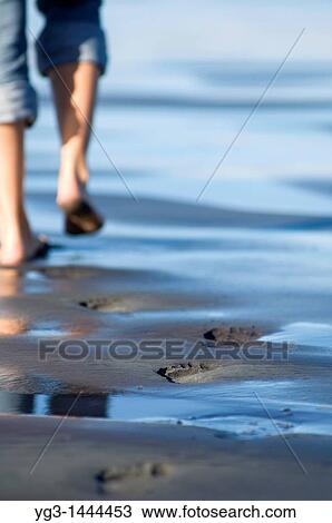 Stock Image - Footprints in the sand, New Zealand. Fotosearch