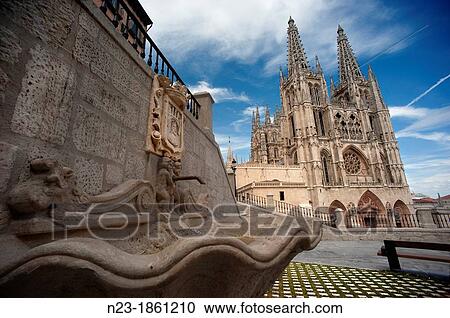 Stock Image - Fountain and Cathedral of Burgos, Spain. Fotosearch