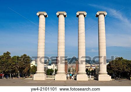 Four columns at Plaza de las Cascadas, National monument for Catalan patriots, Montjuic, Barcelona, Catalonia, Spain. View Large Photo Image Stock Image - Four columns at Plaza de las Cascadas, National monument for Catalan patriots, Montjuic, Barcelona, Catalonia, Spain.. Fotosearch