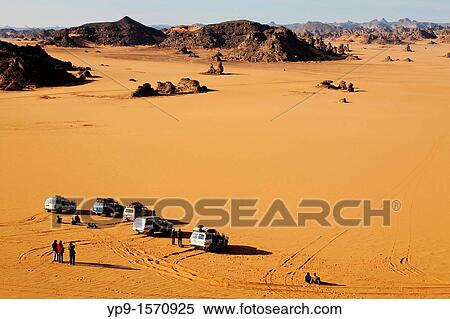 Stock Photography - Four wheel drive safari in the Akakus Mountains, Libya. Fotosearch