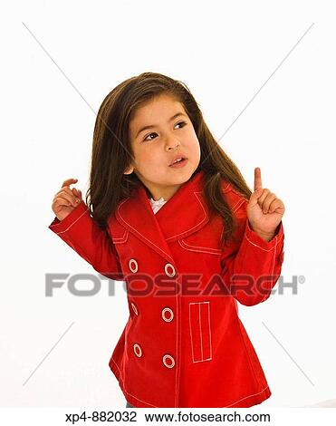 Four year old girl with long brown hair in red jacket with white buttons. She is looking off to camera right with her arms raised up and both index fingers pointed in the air. View Large Photo Image Stock Image - Four year old girl with long brown hair in red jacket with white buttons. She is looking off to camera right with her arms raised up and both index fingers pointed in the air.. Fotosearch