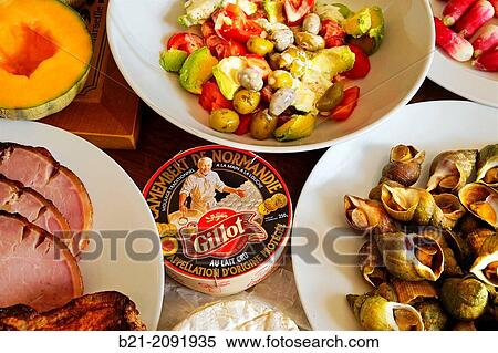 France. Aquitaine. Dordogne-Food. sunday brunch buffet: Jambonneau au four, melon charentais, cheese "Camembert de Normandie", Tomato, avocado and olives salad, radis, and " bulot" seashells. View Large Photo Image Stock Photography - France. Aquitaine. Dordogne-Food. sunday brunch buffet: Jambonneau au four, melon charentais, cheese "Camembert de Normandie", Tomato, avocado and olives salad, radis, and " bulot" seashells.. Fotosearch