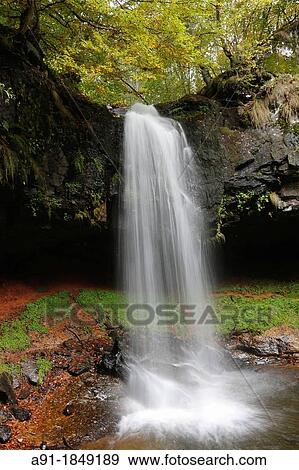 Stock Photo - France, Auvergne, Cantal 15, natural regional park of the Auvergne volcanos, Brezons valley, the scenic Sinic waterfall. Fotosearch