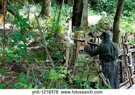 Stock Photo - France, Champagne-Ardenne, Marne 51, Vienne le Chateau - Camp de la Vall? e Moreau - recontitution and remnants of a german camp of the First Worl War - Machine gun position. Fotosearch