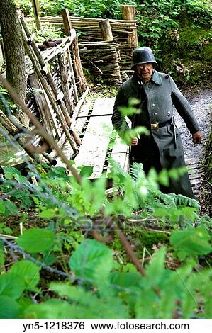 Stock Photograph - France, Champagne-Ardenne, Marne 51, Vienne le Chateau - Camp de la Vall? e Moreau - recontitution and remnants of a german camp of the First Worl War - Trenches. Fotosearch