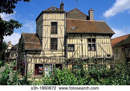 Stock Image - France, Champagne-Ardenne Region, Aube Department, Troyes, Viardin Street, Timber-Framed Houses. Fotosearch