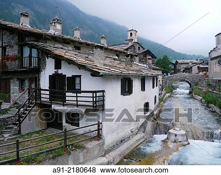 Stock Photo - France, Hautes-Alpes department, Queyras natural park, italian village of Pontechianale in the Varaita valley. Fotosearch