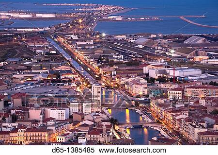 France, Languedoc-Roussillon, Herault Department, Sete, town overview from Mont St-Clair, dusk View Large Photo Image Stock Photography - France, Languedoc-Roussillon, Herault Department, Sete, town overview from Mont St-Clair, dusk. Fotosearch