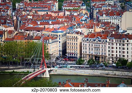 France, Lyon, Rhone-Alpes, Europe, aerial view of downtown Lyon from Fourviere Hill. View Large Photo Image Stock Image - France, Lyon, Rhone-Alpes, Europe, aerial view of downtown Lyon from Fourviere Hill.. Fotosearch