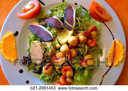 France. Midi Pyr? n? es-Tarn et Garonne-Food: "Salade aux Noix de Saint jacques, Foie Gras et Magret de Canard s? ch? ", at the Restaurant "Relais de Grisolles". View Large Photo Image Stock Image - France. Midi Pyr? n? es-Tarn et Garonne-Food: "Salade aux Noix de Saint jacques, Foie Gras et Magret de Canard s? ch? ", at the Restaurant "Relais de Grisolles".. Fotosearch