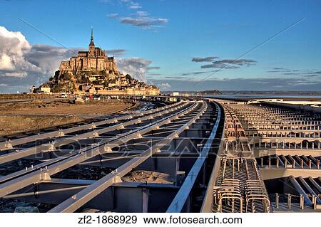 France, Normandy, Manche, Mont Saint Michel, Construction of the new footbridge intended to replace the road dike View Large Photo Image Stock Photo - France, Normandy, Manche, Mont Saint Michel, Construction of the new footbridge intended to replace the road dike. Fotosearch