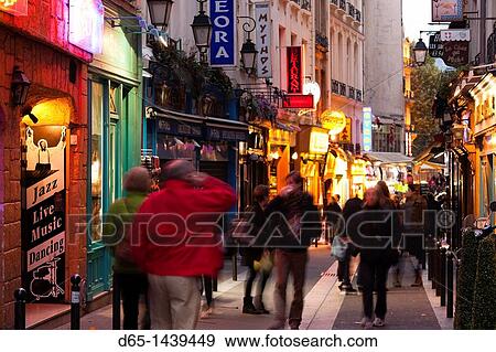 France, Paris, Left Bank, pedestrians on rue de Huchette, dusk View Large Photo Image Stock Photo - France, Paris, Left Bank, pedestrians on rue de Huchette, dusk. Fotosearch