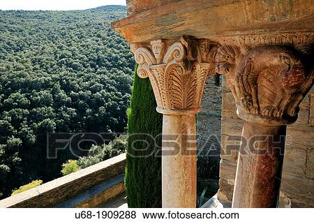 Stock Photo - France, Pyrenees-Orientales, Elne, ecclesiastical capital of Roussillon from 568 to 1602, kept a magnificent Romanesque cathedral and a tenth-century cloister built in the twelfth to the fourteenth century. Lions, eagles, monkeys were carved.. Fotosearch