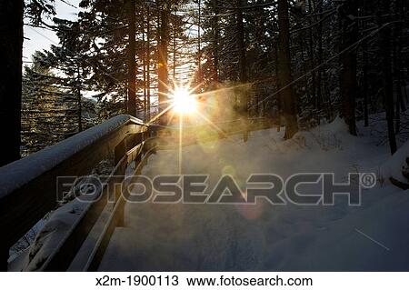 Stock Image - Franconia Notch State Park - Walking path near Sentinel Pine Covered Bridge during the winter months in Lincoln, New Hampshire, USA. Fotosearch