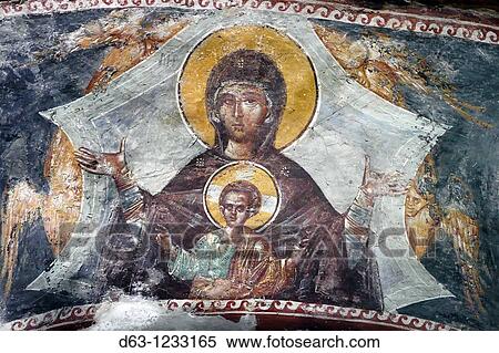Stock Photography - Fresco close-up of the Virgin Mother with child, dome of the parekklesion of the Chora Church, Istanbul, Turkey. Fotosearch