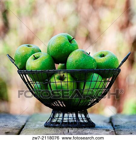 Fresh green apples variety Granny Smith in a wire basket on a weathered wooden table. View Large Photo Image Stock Photograph - Fresh green apples variety Granny Smith in a wire basket on a weathered wooden table.. Fotosearch