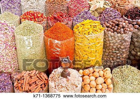 Stock Photography - Fresh produce displayed in the spice souq market in Dubai, UAE. Fotosearch