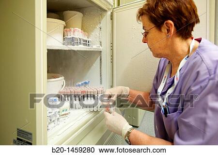 Stock Image - Frozen blood samples, stored samples in refrigerator at -80? C, DNA and RNA biobank, extraction and storage of DNA/RNA from blood samples, Biodonostia Health and Biomedicine Research Institute, San Sebastian, Donostia, Gipuzkoa, Euskadi, Spain. Fotosearch