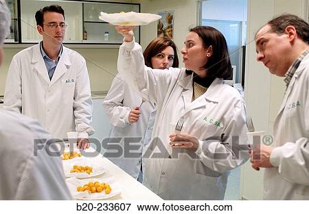 Stock Photo - Frozen food industry, food tasters tasting potato balls of rival firms. Navarre. Spain. Fotosearch