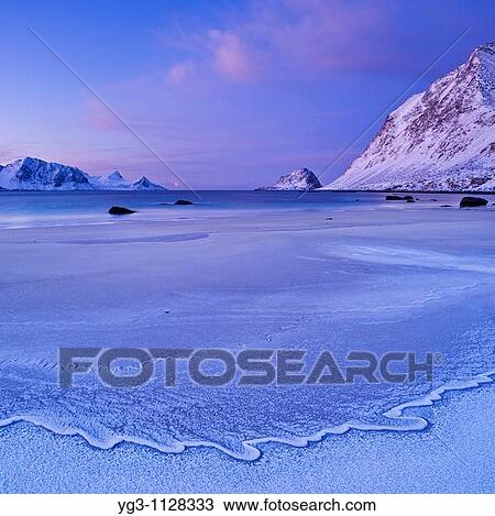 Frozen tide at Haukland beach in winter, Vestvagoy, Lofoten islands, Norway View Large Photo Image Stock Image - Frozen tide at Haukland beach in winter, Vestvagoy, Lofoten islands, Norway. Fotosearch