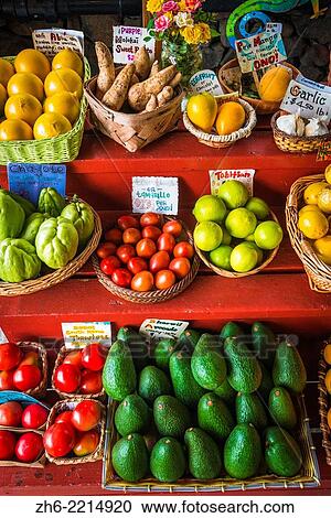 Stock Image - Fruits and vegetables at a local stand, Kona Coast, The Big Island, Hawaii USA.. Fotosearch