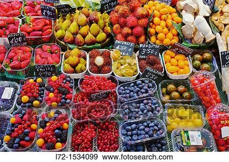 Fruits for sale, La Boqueria Market, Barcelona, Catalonia, Spain View Large Photo Image Stock Photo - Fruits for sale, La Boqueria Market, Barcelona, Catalonia, Spain. Fotosearch